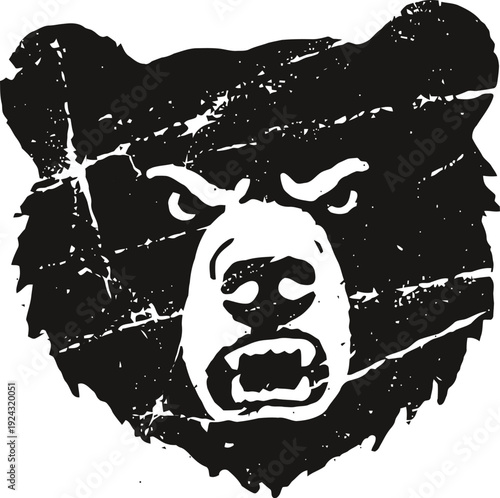 grunge angry bear face illustration with fierce expression and textured effect