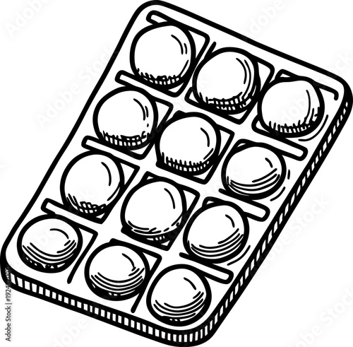Blister pack of pills with twelve round tablets in simple black and white line art