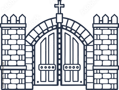 Medieval castle gate with stone walls and wooden doors topped with a cross, historical fortress entrance design