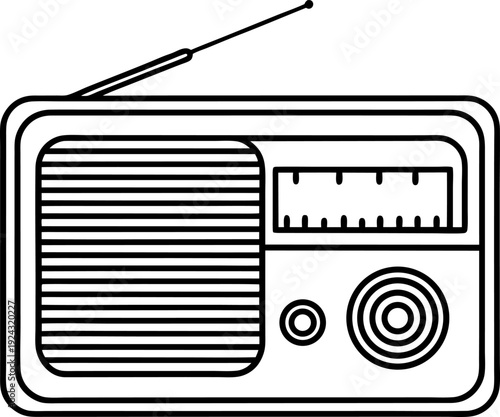 Retro radio receiver with antenna and tuning knob in black and white line art