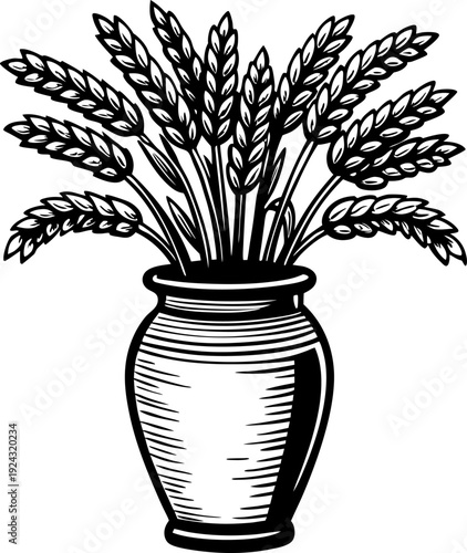 Black and white wheat stalks arranged in a ceramic vase illustration
