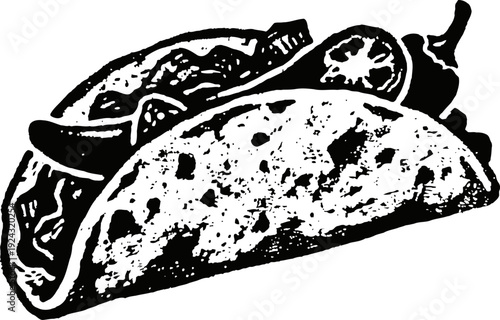 Black and white sketch of a taco with fillings and a pepper on the side