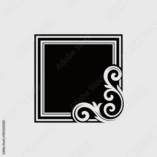 Elegant black frame with decorative scrollwork on the right side isolated on white background, Vector, illustration