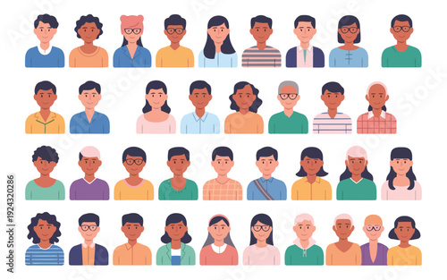 Diverse group of cartoon faces representing various individuals and expressions