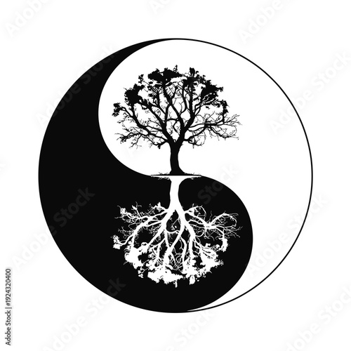 Symbolic yin yang tree representing balance and growth in nature isolated on white background, Vector, illustration