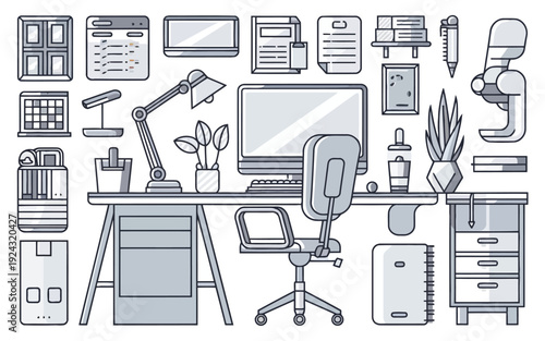 A neatly organized home office workspace with various essential equipment and decor