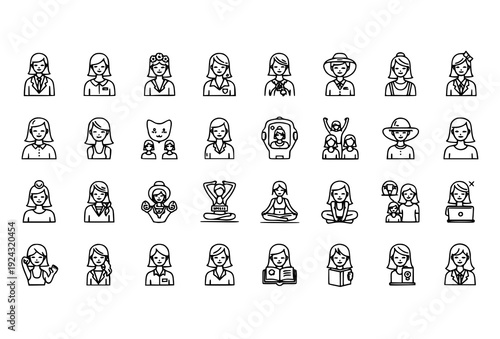 Women Lifestyle Outline Icons Set – 30 Female Activity Vector Illustrations