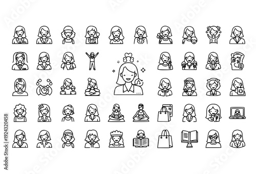 Women Lifestyle Outline Icons Set – 30 Female Activity Vector Illustrations