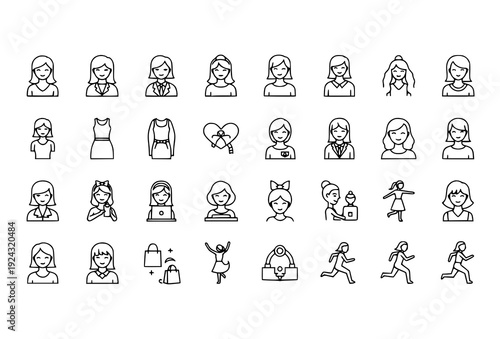 30 Minimalist Women Outline Icons Set – Female Vector Line Art on White Background