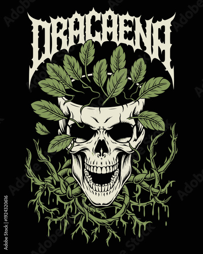 Dark and mysterious skull surrounded by overgrown vines and thorns isolated on white background, Vector, illustration