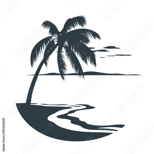 Silhouette of a lone palm tree casting a shadow over calm waters at sunset isolated on white background, Vector, illustration
