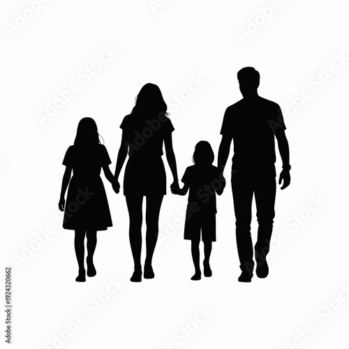 Silhouette of a family walking together holding hands outdoors isolated on white background, Vector, illustration