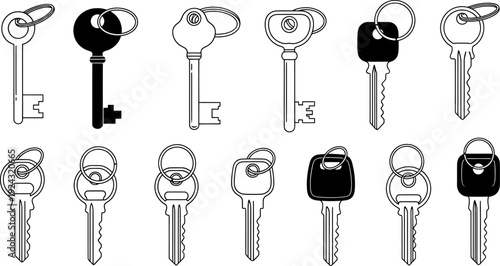 Collection of various keys with keyrings, black and white line art vector illustration