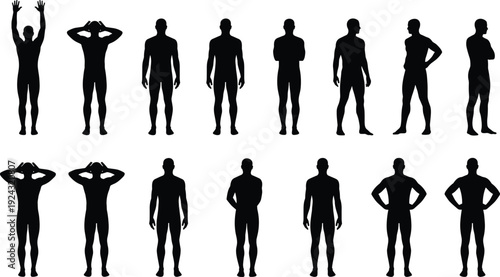Black silhouette illustration of sixteen people in diverse postures symbolizing identity, diversity, gesture, stance, and representation themes