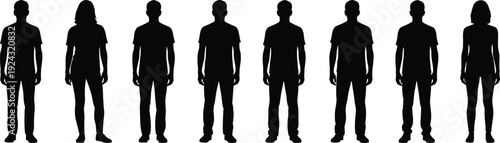 Black silhouette illustration of eight male and female figures in neutral standing postures symbolizing identity, diversity, and representation themes