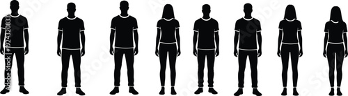 Black silhouette illustration of eight male and female figures in casual attire symbolizing gender, identity, diversity, and representation themes