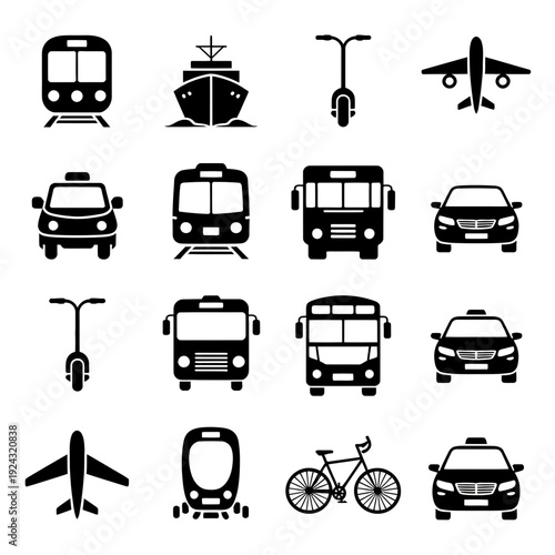Assorted icons depicting various modes of transportation and vehicles in black and white isolated on white background, Vector, illustration