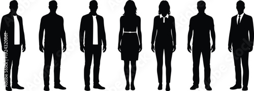 Black silhouette illustration of seven male and female figures in diverse attire symbolizing gender, identity, fashion, and representation themes