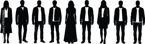 Black silhouette illustration of ten male and female figures in diverse attire symbolizing gender, identity, fashion, and representation themes
