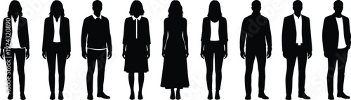 Black silhouette illustration of nine people in professional attire symbolizing diversity, identity, business, teamwork, and representation themes