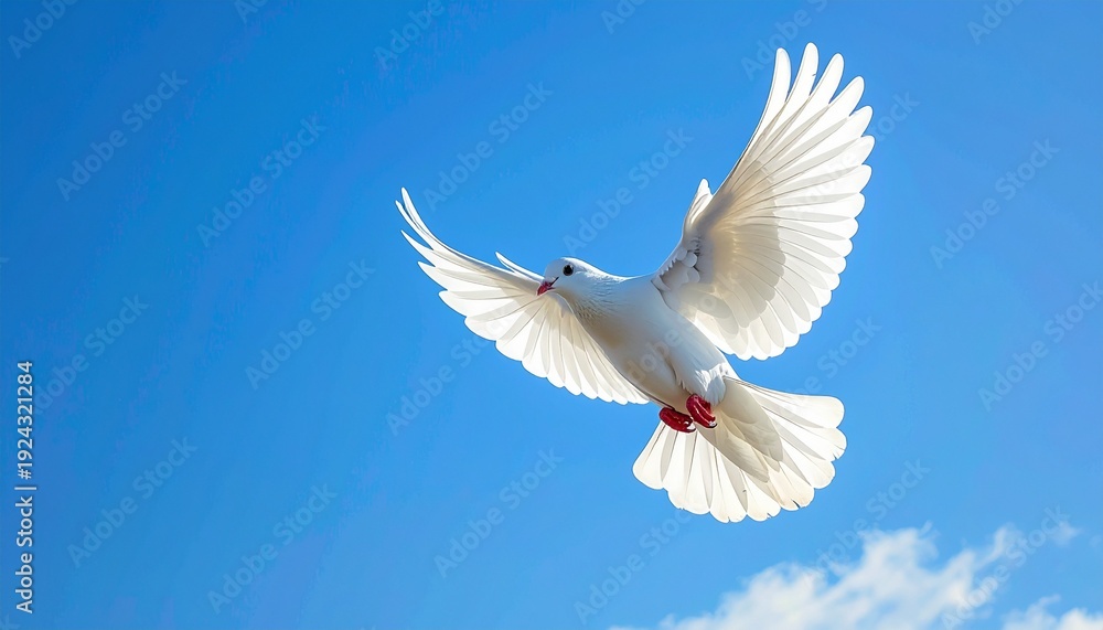 Fototapeta premium White Dove Flying in a Clear Blue Sky Symbolizing Peace and Freedom