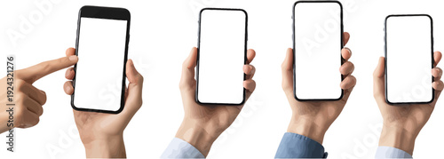 Multiple hands holding modern smartphones with blank white screens for content display