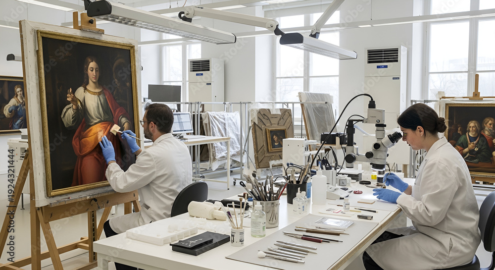 Obraz premium Art conservators restoring old painting in laboratory with white coats and gloves
