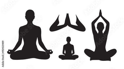 Yoga Silhouettes Meditating in Various Poses Isolated on White Background