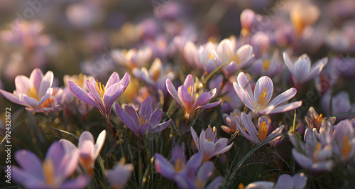 The early spring season and the awakening of nature are signified by the colorful flowers of crocus on a meadow, which is depicted in this beautiful floral background.