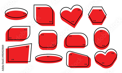 Quote box frame icons. Including square, circle, and rounded red chat bubbles designs. Ideal for comments, testimonials, messages, and social media use. Vector illustration.