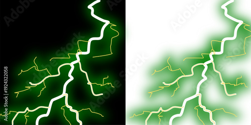 Striking lightning bolt illustration in green with a vibrant white glow and subtle orange-yellow details, on both black and white canvases.