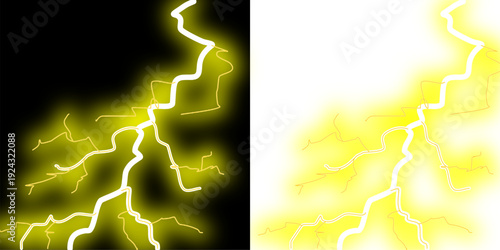 Bright yellow lightning bolt vector graphic on black and white backgrounds, representing electrical discharge and raw energy.