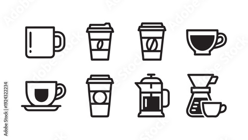 Coffee Drinkware Icons Collection: Mugs Cups French Press Pour Over