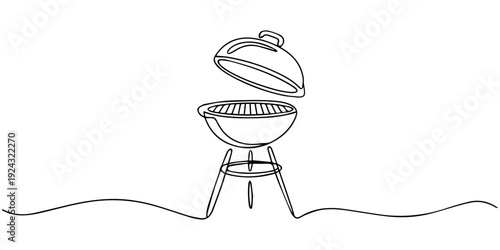 Continuous one line vector illustration of barbecue grill or kettle grill in minimalist line art style, BBQ cooking concept, Continuous one line drawing of a BBQ grill. Vector illustration of charcoal