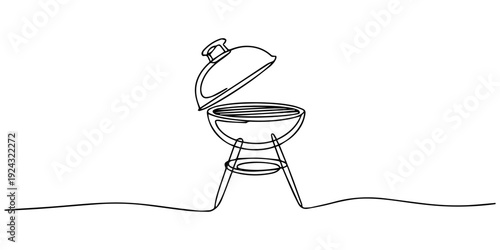 Continuous one line vector illustration of barbecue grill or kettle grill in minimalist line art style, BBQ cooking concept, Continuous one line drawing of a BBQ grill. Vector illustration of charcoal