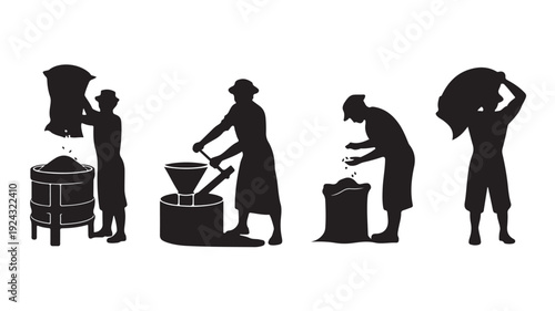 Farmers Harvesting Grain Silhouettes on White Background