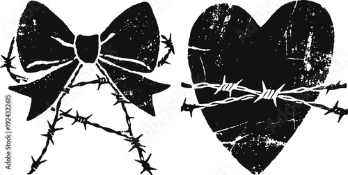 grunge bow and heart with barbed wire wrapped, distressed vintage design elements