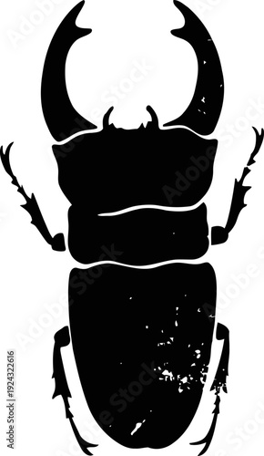 Black silhouette of a stag beetle with large mandibles and segmented body, insect illustration