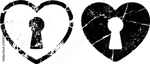Grunge heart lock icons with keyhole silhouette vintage distressed love symbols
