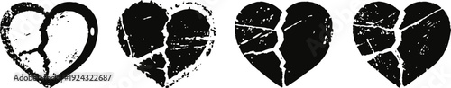 four broken heart silhouettes representing emotional pain, relationships, and heartbreak concepts