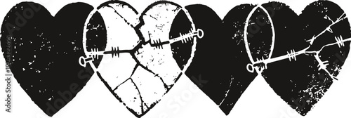 Set of three distressed grunge hearts with cracks and stitches in black and white