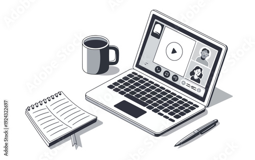 A cozy workspace setup with a laptop, notebook, pen, and coffee mug.