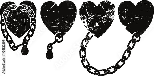 Chained black hearts silhouette with distressed texture, symbol of love bondage and emotional restraint