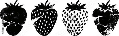 black and white strawberry silhouettes in various detailed shapes and textures isolated on white