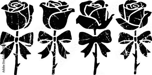 Black silhouette roses with bows romantic floral icons in vintage valentine and love symbols