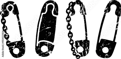 Black and white grunge safety pins set with chain links vintage illustration design