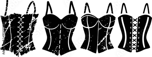 set of black corset silhouettes with various lace up and cup designs for fashion and lingerie