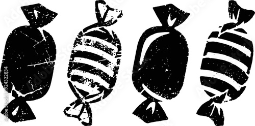 Set of four wrapped candies in striped and plain patterns, grunge silhouette illustration