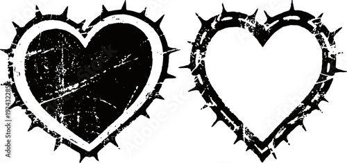 Grunge heart shapes with thorny crown outlines, distressed and rough textured designs