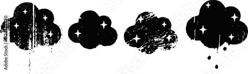 set of grunge clouds with star like sparkles in black silhouette style, artistic weather design elements